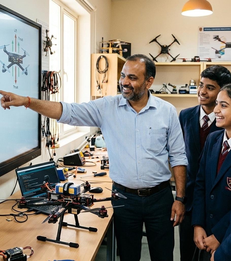Drone training session — instructor with students at a drone lab workbench